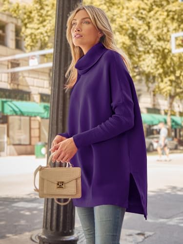 Image of LILLUSORY Women's Turtleneck Oversized Sweaters Long Batwing Sleeve Spilt Hem Tunic Pullover Knit Tops