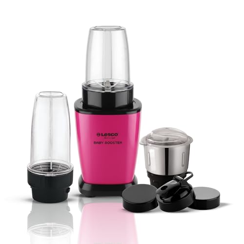 Image of Lesco 500W Mixer Grinder Blender Smoothie Maker with 3 Stainless Steel Jars and Copper Motor, 2 Years Warranty 21000 RPM Fine Grind in 20 secs, Baby Booster, Pink