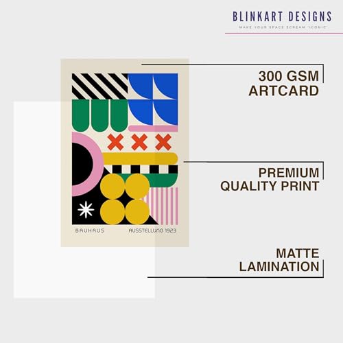 Image of BLINKART Vintage Bauhaus Retro Geometric Aesthetic Poster Gallery | Colorful Wrap Framed For Home Office Studio Living Room Modern Art Studio Decoration Abstract Shapes | (d161) | 13x10 Inch