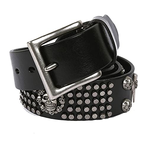 Designers Rivet Genuine Leather Punk Mens Rock Skull Belts Hip Hop Style Jeans Metal Ceinture Strap Waist,Black,130CM/51.1''3