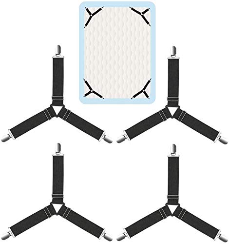 Delavala Elastic and Nickel Plated Clamps with Plastic Adjustable Triangle Elastic Suspenders Gripper Holder Straps Clip for Bed Sheets, Mattress Covers, Sofa Cushion (Black, Single) - 4 Pieces.