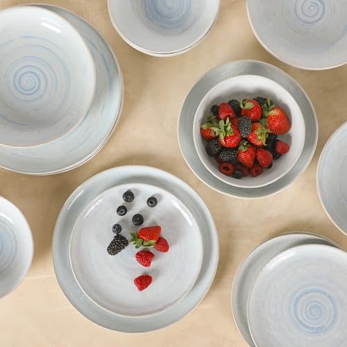 Image of Gibson Elite Auckland Blue Swirl Stoneware Reactive Glaze 16 Piece (Service for 4) Plates and Bowls Dinnerware Set