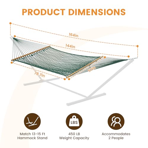 Image of Lazy Daze Hammocks 12FT Double Rope Hammocks, 2 Person Hand Woven Cotton Hammock with Spreader Bar for Outside, Patio, Poolside, FIT 13-15 FT Stand, Max 450 Lbs, Green, 141 x 57 inches