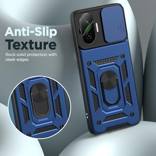 Image of Pikkme Back Cover for Poco F7 5G | D10 Tough Armor | 360 Protection Case | Sliding Camera Shield Cover & Ring Holder Stand Bumper Case (Blue)