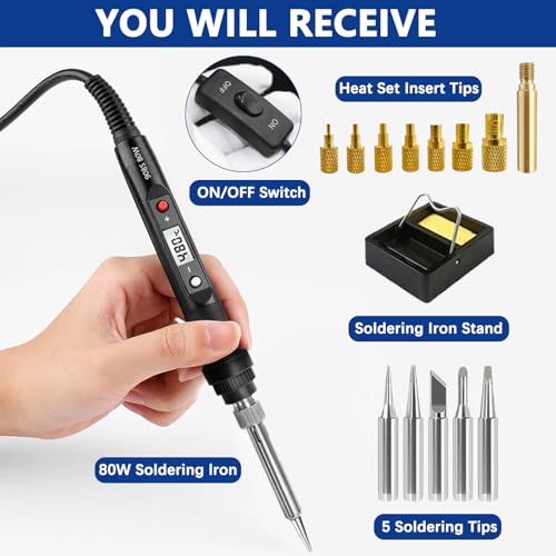 Image of 80W Soldering Iron Heat Set Insert Tool, LCD Digital Soldering Iron Kit | Adjustable Temperature Soldering Tool with Iron Tips and Heat Set Insert Tips, 16-in-1 Solder Kit, Black