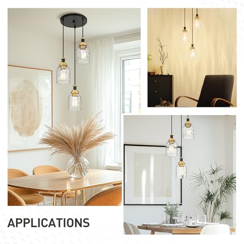 Image of zeyu Adjustable Modern Cluster Pendant Light for Kitchen Island, 3-Light Pendant Lighting, Black and Gold Finish with Water Ripple Glass Shade, ZG33-3 BK+BG-WG