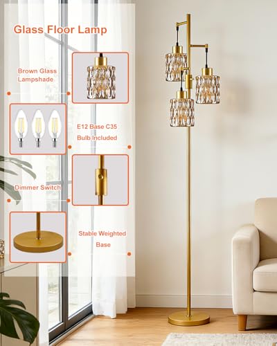 Image of 3-Light Modern Glass Floor Lamp, Gold Standing Tall Lamp with Amber Cylinder Glass Shade for Reading, Dimmable LED Floor Lamp with 5Lbs Heavy Base for Living Room Bedroom Home Decor, Bulb Included