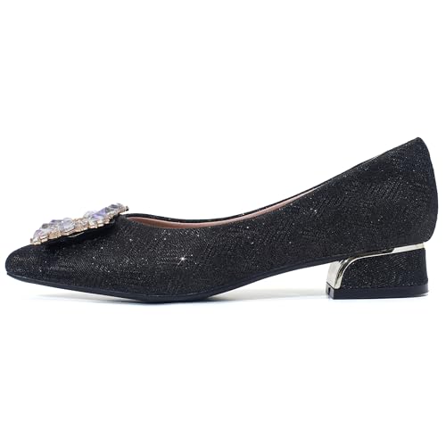 Women's Chunky Low Block Heels Rhinestone Pointed Toe Pumps Comfortable Slip on Work Dress Wedding Shoes2