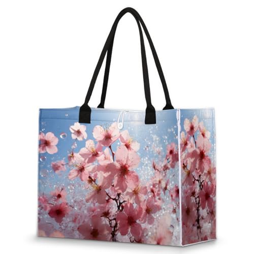 Pink Plum Blossom Sky Sun Tote Bag for Women Large Beach Bag Reusable Tote Bags for Work Travel Beach Shopping