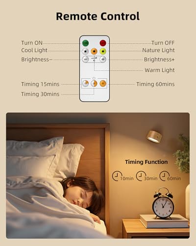 Image of LED Wall Mounted Lights, Rechargeable Wall Sconces Lamp, 3 Color Temps & Remote and Touch, 360Rotation Dimmable Cordless Wall Light for Study Bedroom Reading Bedside(Wood, 2 Pack)