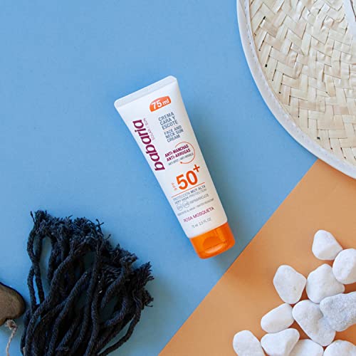 Babaria-Crema-Solar-Facial-SPF50-UVA-UVB-e-Infrarrojos-Antiarrugas-y-Antimanchas-para-Uso-Facial-y-Escote-Contiene-Rosa-Mosqueta-Resistente-al-Agua-Vegano-Unisex-75-ml