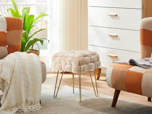 Madera Nieve Taburete de cosmética Moderno de Terciopelo, Otomano Cuadrado con Patas de Metal Dorado, Asiento Acolchado de Tejido Terciopelo (Beige, 38P x 38An x 41.5Al cm)
