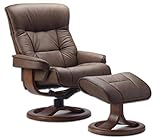 Fjords 775 Bergen Large Recliner and Ottoman Norwegian Ergonomic Scandinavian Lounge Reclining Chair Furniture Nordic Line Genuine Havana Dark Brown Leather Teak Wood