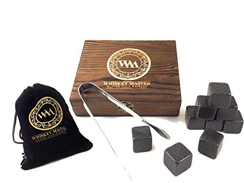WHISKEY STONES- PREMIUM WOODEN BOX SET- includes 9 BLACK WHISKEY STONES, VELVET BAG