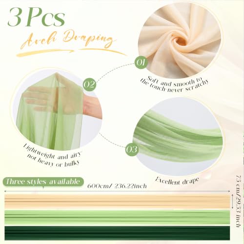 Image of Sage Green Wedding Arch Draping Fabric 3 Panels Drapes 2.46 x 20ft Sheer Chiffon Fabric Backdrop for Wedding Ceremony Birthday Party Bridal Shower Decoration