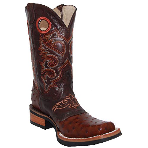 Western Shops Mens Genuine Cowhide Leather Square Toe Ostrich Quill Print Western Cowboy Boots