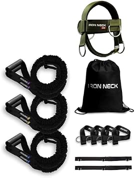 Iron Neck Shoulder Resistance Band System 3 Level Rehab & Performance Kit with Door Belts & Anchors 5lb, 10lb, 25lb Bands Bundle with Iron Neck Alpha Neck Harness