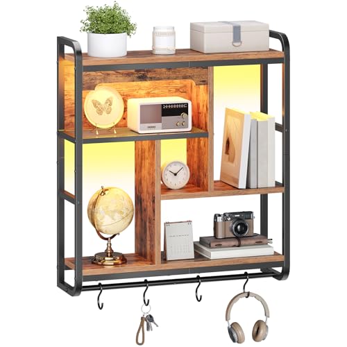 Image of HOOBRO Gaming Floating Shelves with LED Lights, 26.4 inch LED Wall Mounted Shelf, Modern Corner Shelf 3-Tier Display Rack for Wall Storage, Arched Design, for Living Room, Rustic Brown and Black BF44DBJ01