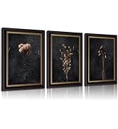 3Pcs Framed Canvas Wall Art Set, Dark Moody Botanical Dried Flowers Prints, Rustic Farmhouse Home...