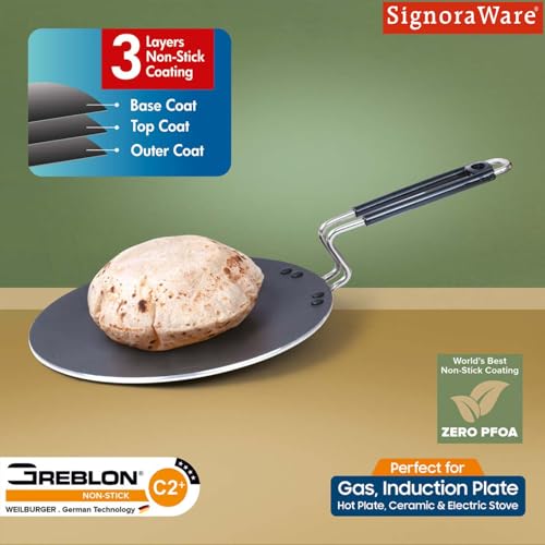 Image of Signoraware Perfecto 3 Coating Non Stick Concave Tawa | Gas & Induction Compatible | Prevent Sticking & Burning | Ideal for Making Roti, Dosa, Paratha, Pancake & Toasting Sandwiches (25cm | Steel)