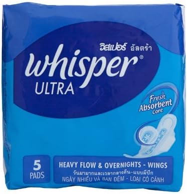 Ultra Heavy Flow& Over Night Wing Whisper Pads 5pcs 1 Bag Thai