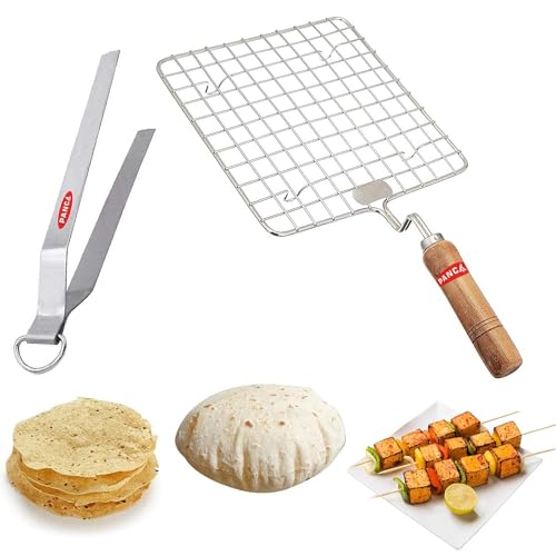 PANCA Premium Papad Jali with Tong, Paneer Grill, Roti Maker, Barbeque Jali Roaster Chapati Toast Grill Wooden Handle Vegetable tandoor net and chimta, Baigan Bharta, Masala Papad Maker
