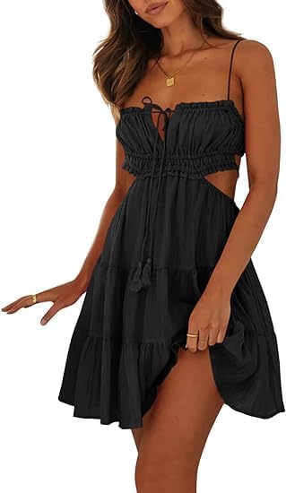 Wenrine Womens Summer Beach Mini Dress Backless Adjustable Spaghetti Straps Tiered Sleeveless Boho Sexy Dresses Black