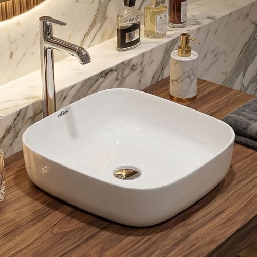 Image of ARQUIN ARQUIN Wash Basin for Bathroom Table Top Washbasin, Countertop Basin | Ceramic Washbasin Bathroom,Hotel | Living Room | Office Vanity Wash Basin (16.34x16.34x4.53 Inch)