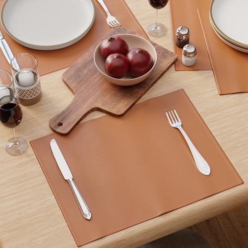 Image of Encasa XO Leather Dining Table Mats Set of 4 | Water Repellent & Heat Resistant Dining Table Mats | Washable & Easy to Clean Placemats for Kitchen Decor - 42x30 cm (Tan)