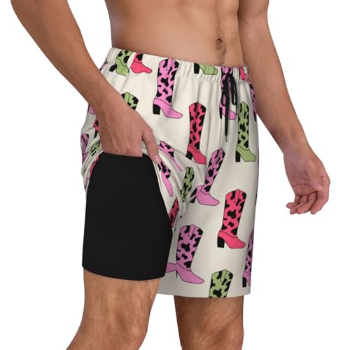 Retro Cowboy Boots Cow Print Funny Men's Swim Trunks Board Shorts Quick Dry-2