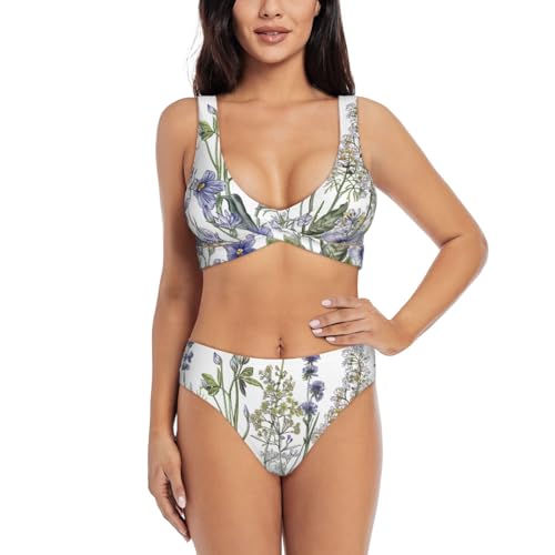 Maillot de bain deux pièces femme motifs plantes herbacées style botanique unique
