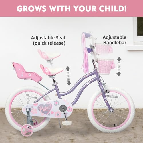 Image of Glerc Petal Girls Bike 12-18 Inch for Ages 2-9, Kids Bike with Training Wheels, Basket & Streamers, Princess Style Kids Bicycle, for Girls