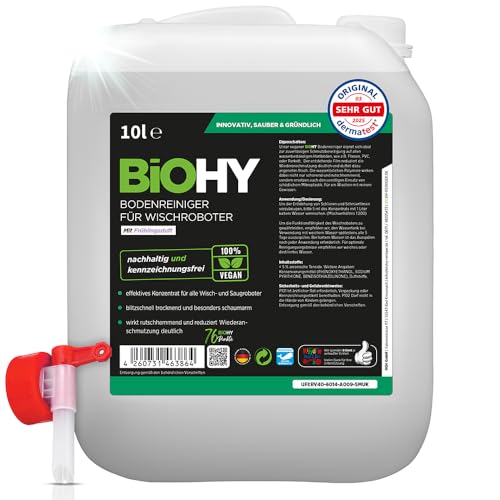 BiOHY Bodenreiniger für alle Wischroboter mit Frühlingsduft (10 Liter Kanister) + Auslaufhahn | Schaumarm & Streifenfrei | Reinigungsmittel Konzentrat für alle Böden