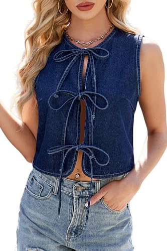KWSTAIN Jean Vest Top for Women Denim Summer Blue Lightweight Casual Front Tie Up Jacket Gilet 2025 Fashion (Dark Blue,XL)