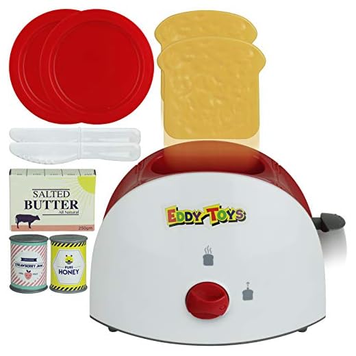 Eddy Toys Juego de desayuno (10 piezas, tostadora, mantequilla, tostadora, miel, cocina infantil, electrodoméstico)
