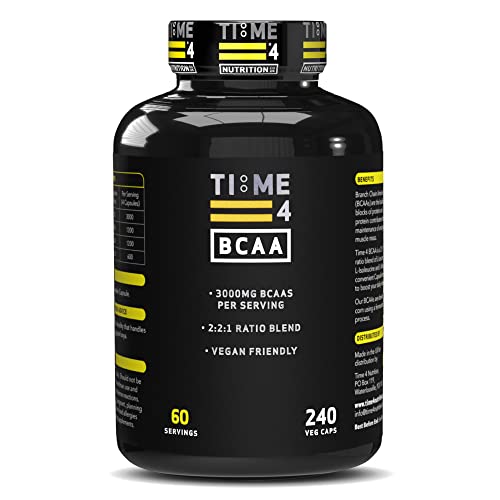 Time 4 BCAA - 240 Capsules High Strength Branched Chain Amino Acids Made by Fermentation Process - Muscle Growth, Tissue Repairing & Energy Production Vegan BCAA Capsules Not BCAA Amino Acids Tablets