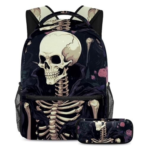 Art Roses Crâne sac à dos et trousse scolaire pour un style unique de la cour de récré au collège