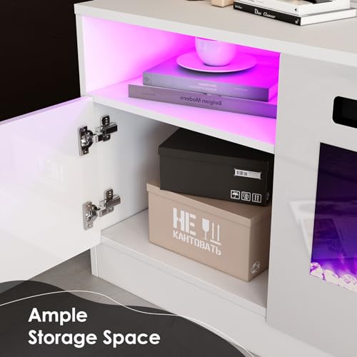 Image of AMERLIFE 80 inch Fireplace TV Stand with 40 inch Electric Fireplace | White, Matte Texture Finish, Modern Entertainment Center, Highlight Storage Cabinet, 12 Colors LED Lights, Fits 90 inch TVs