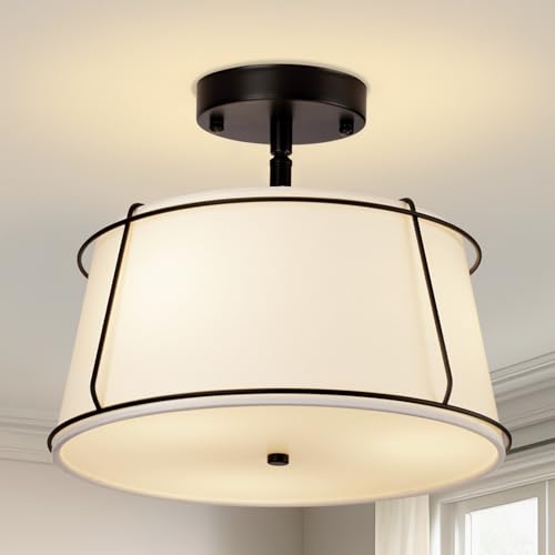 13'' Semi Flush Mount Ceiling Light Fixture, 3-Light Black Light Fixtures Ceiling Mount with White...