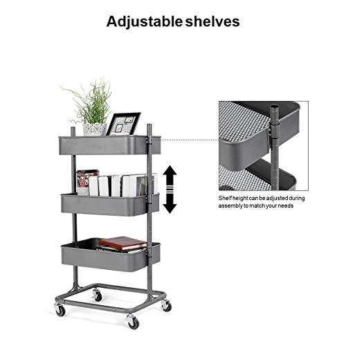 Giantex Rolling Utility Cart Mobile Storage Organizer Multifunctional Home Office Storage Trolley Serving Cart W/Metal Mesh Shelves Lockable Wheels (Gray, 3-Tier) #TOP6