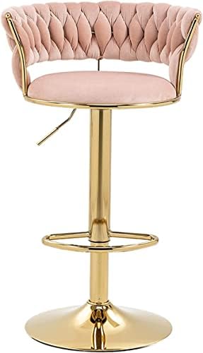 Kakotito 360° Velvet Swivel Bar Stools with Low Back & Footrest, Adjustable Counter Barstools, Gold Bar Stool (1 Barstool, Pink)