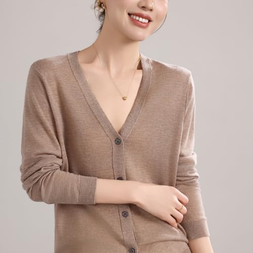 Image of Women's 100% Merino Wool Lightweight V-Neck Cardigan Sweater Button Down Long Sleeve Knitwear Outwear Tops