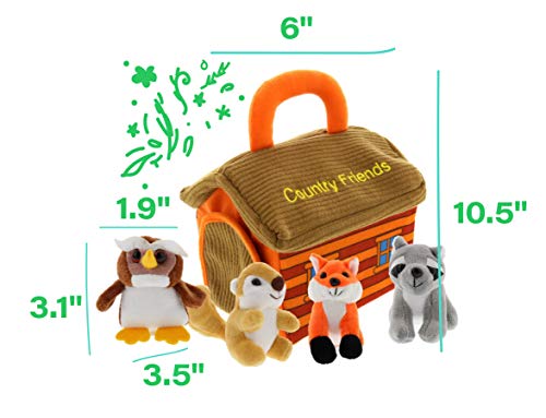 Plush Woodland Animals With Country House Carrier For Kids- 5Pc- Talking Animal Interactive Toy Set- Stuffed Owl, Raccoon, Fox & Squirrel- Great Baby Shower Present For Boys & Girls By Etna #TOP4