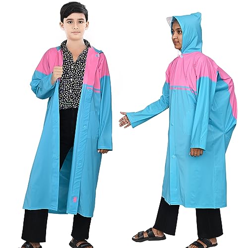 Image of HACER Aqua Raincoat for 9 to 10 Years Old Kids Children Water Resistant Rainsuit Adjustable Hood Drawstring Hem Rainwear with Side Pockets (36, Random Colour)
