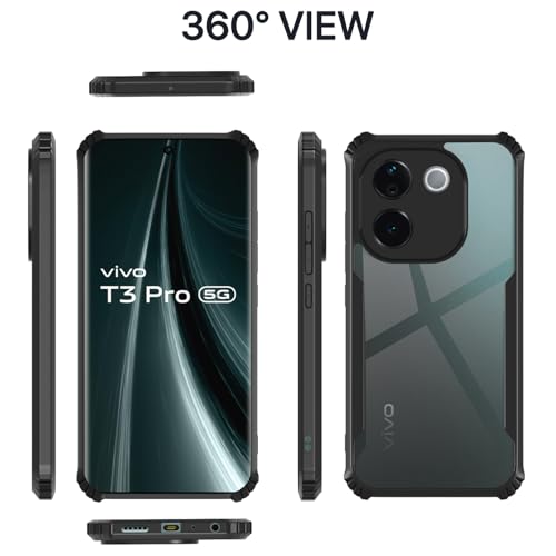 Image of Pikkme Crystal Clear Transparent Back Cover | Ultra Hyrbid | Full Camera Protection | Raised Edge | Bumper Case for Vivo T3 Pro 5G / iQOO Z9s Pro 5G (Black)