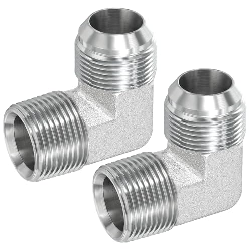 Image of PATIKIL 90 Degree Pipe Adapter, 2 Pcs 1-5 /16 inch Male 37 Flare JIC x 1 inch BSPT Male Connector Carbon Steel Elbow Fitting for Air Hydraulic Fluid Fuel Water Oil, Silver
