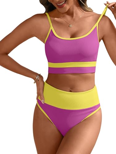 Image of ANRABESS Women's High Waisted Bikini Sets,Color Block 2 Piece Swimsuits,Tummy Control Bathing Suits,Thick Ribbed Beach Wear