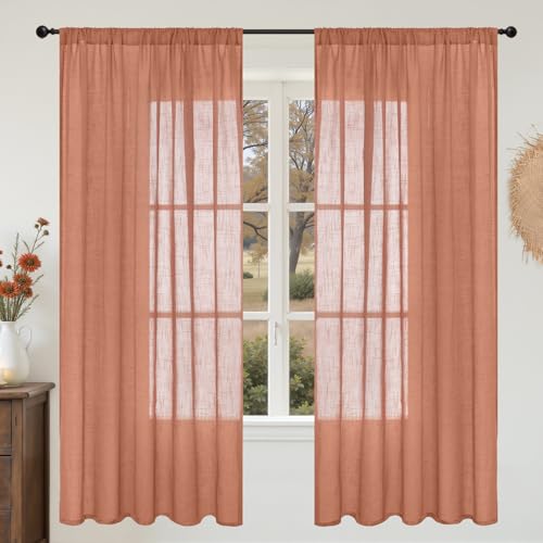 Image of BGment Terracotta Linen Curtains 72 Inches Long for Living Room, Semi Sheer Window Drapes Rustic Textured for Bedroom Dining Room Decor with Rod Pocket Lightweight, 2 Panels Set, Each 52 Inch Wide