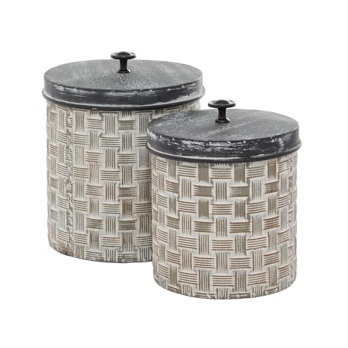 Metal Living Room Decorative Jars Decorative Container with Weave Inspired Pattern, Set of 2 Jar with Lid 9
