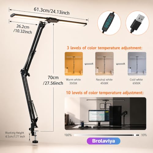 Image of BROLAVIYA Architect Double Head LED Desk Lamp Overhead Light, 3 Color Mode,10 Levels Dimmable Brightness, Metal Body, Eye Protection Desk Light for Office, Study, Reading, Computer Workstation